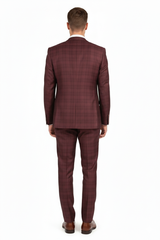 Men’s Burgundy Checkered 3-Piece Suit – Windowpane Classic Fit Plaid Blazer with Vest and Pants