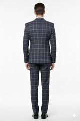 Men’s Navy and Tan Windowpane Double-Breasted Suit | Classic 2-Piece Plaid Dress Suit, Business, and Formal Events By Rossiman