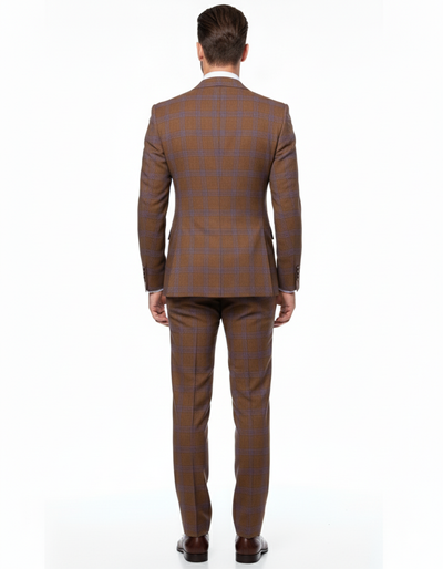 Men’s Brown Plaid Double-Breasted Suit – Premium 2-Piece Classic Checkered Windowpane Suit by Rossiman