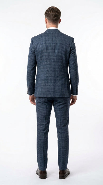 Men's Blue Micro Check Hounstooth small windowpane plaid 3-Piece Suit – Vested Slim Fit Business, Wedding & Formal Suit