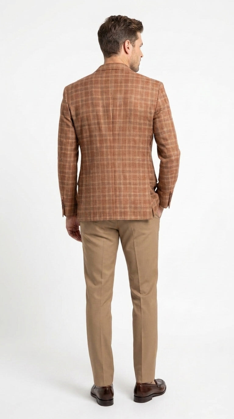 Vitali Men’s Rust Copper Brown Plaid Blazer with Tan Pants – Classic Windowpane, Business and Smart-Casual Birck color Suit