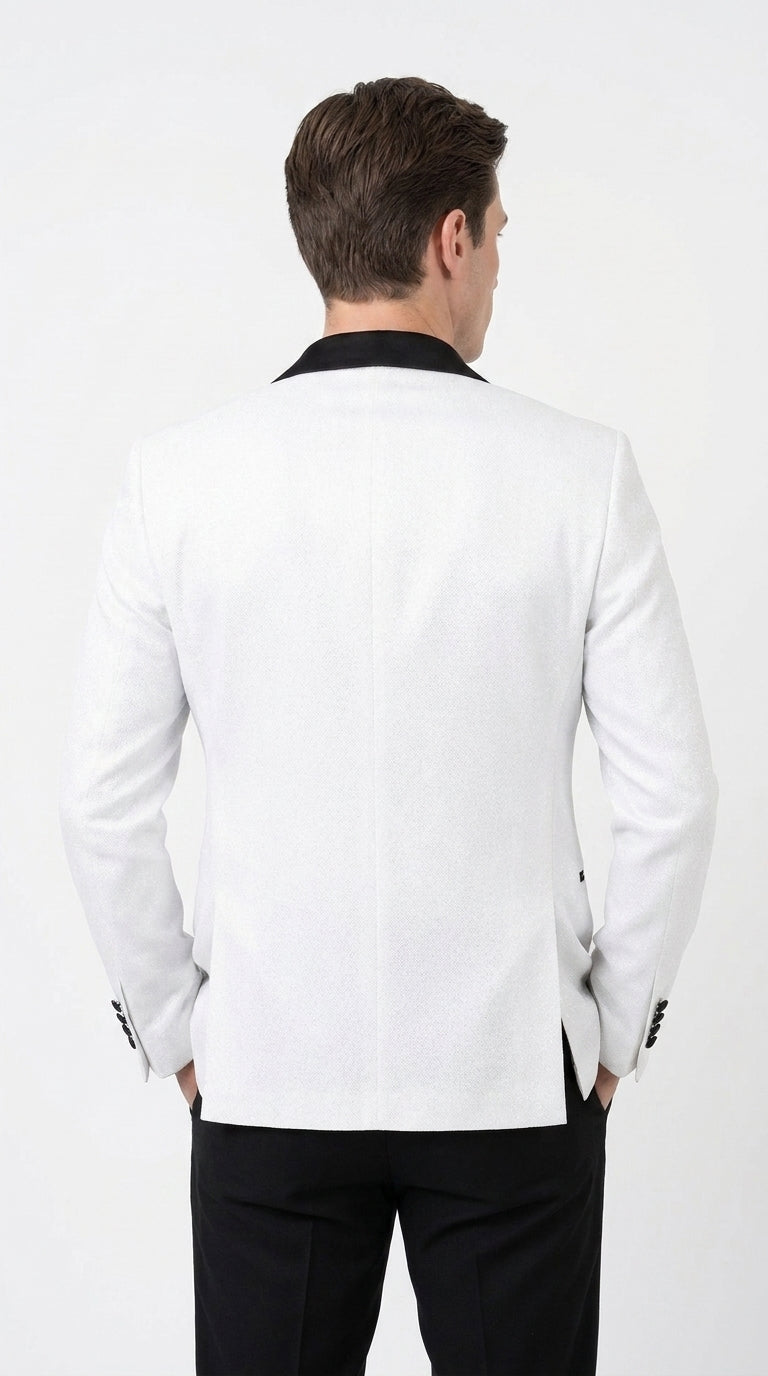 Men's White Sparkle Dinner Jacket – Black Satin Shawl Lapel Tuxedo Blazer Slim Fit Sequin Shiny Prom Jacket