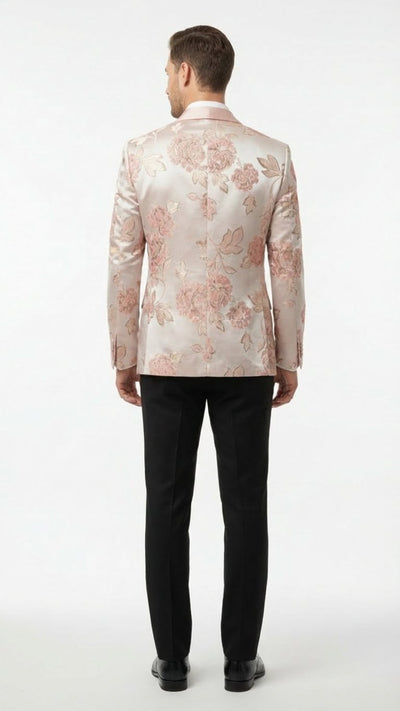 Men’s Pink Blush Floral Jacquard Blazer with Embellished Shawl Lapel – Luxury Party and Wedding Wear Jacket