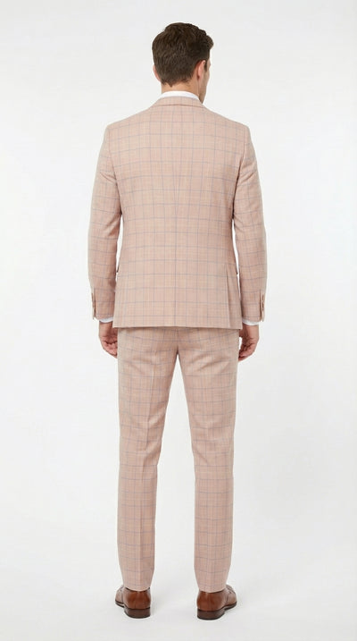 Men’s Orange Plaid 3 Piece Suit – Orange Check Formal Suit with Vest for Wedding, Business Event Peach Salmon Color