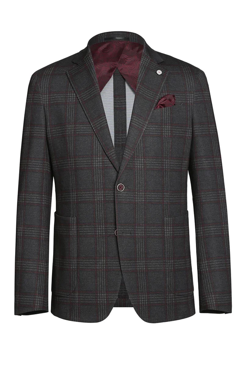 Mens Slim Fit Patch Pocket Vintage Style Sports Coat Blazers in Charcoal Grey Windowpane Plaid