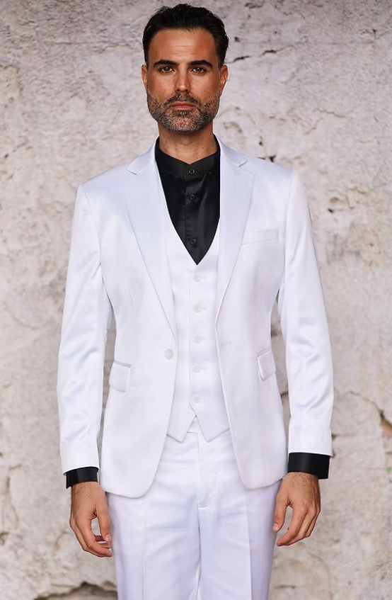 Mens 3-Piece Slim-Fit Shiny All Satin Suit White