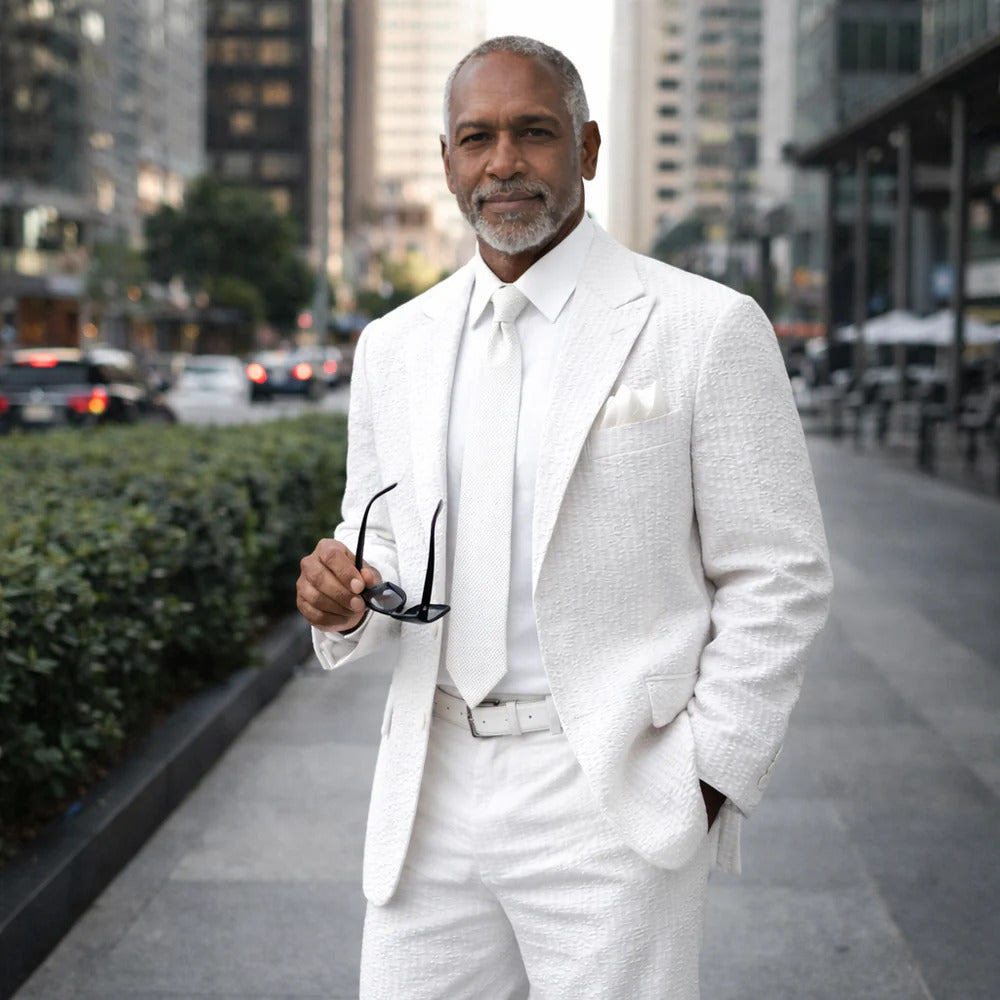 Men’s Premium White Cotton Seersucker Stripe Suit – Lightweight Summer Wedding & Formal Suit