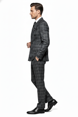 Men’s Charcoal Plaid Double-Breasted Suit – Tailored Pants Windowpane Pattern By Rossiman