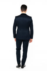 Men’s Navy Blue Jacquard Tuxedo with Black Velvet Shawl Lapel – 3 Piece Formal Suit with Bow Tie