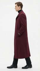 Men’s Full-Length Burgundy Overcoat – Microfiber 4 season fabric Long Formal Coat with Classic Tailored Maxi Duster Coat