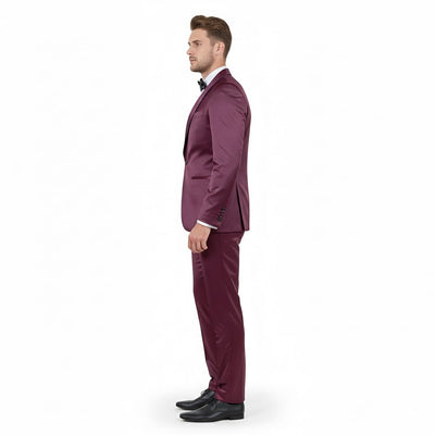 Mens Sateen Shiny Burgundy Slim Fit Tuxedo – Satin Shawl Lapel 3-Piece Suit