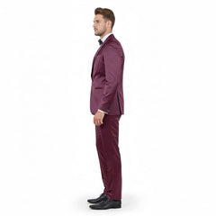 Mens Sateen Shiny Burgundy Slim Fit Tuxedo – Satin Shawl Lapel 3-Piece Suit
