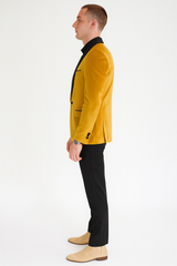 Men’s Mustard Gold Velvet Tuxedo Jacket – Slim Fit Dinner Blazer with Black Satin Shawl Lapel + Free Black Pants & Bowtie