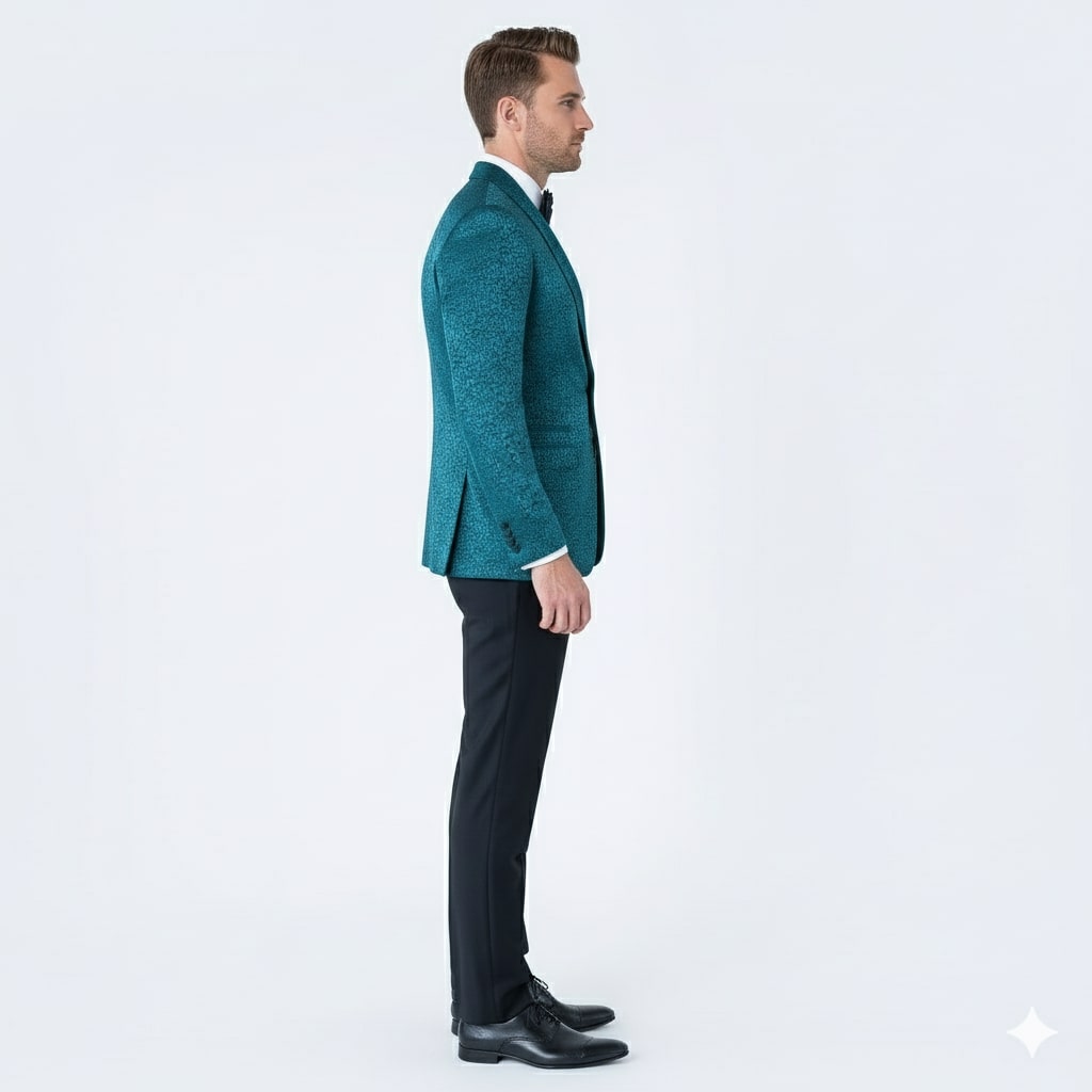 Mens Teal Blue Paisley Tuxedo Jacket – Elegant Shawl Lapel Dinner Blazer for Weddings, Prom and Formal Events - Greenish Blue 3   - from alligatorwarehouse.com