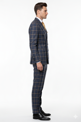 Men’s Navy and Tan Windowpane Double-Breasted Suit | Classic 2-Piece Plaid Dress Suit, Business, and Formal Events By Rossiman