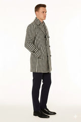 Mens Houndstooth Double-Breasted Overcoats – Classic Black and White Wool Blend Peacoat Wool Fabric