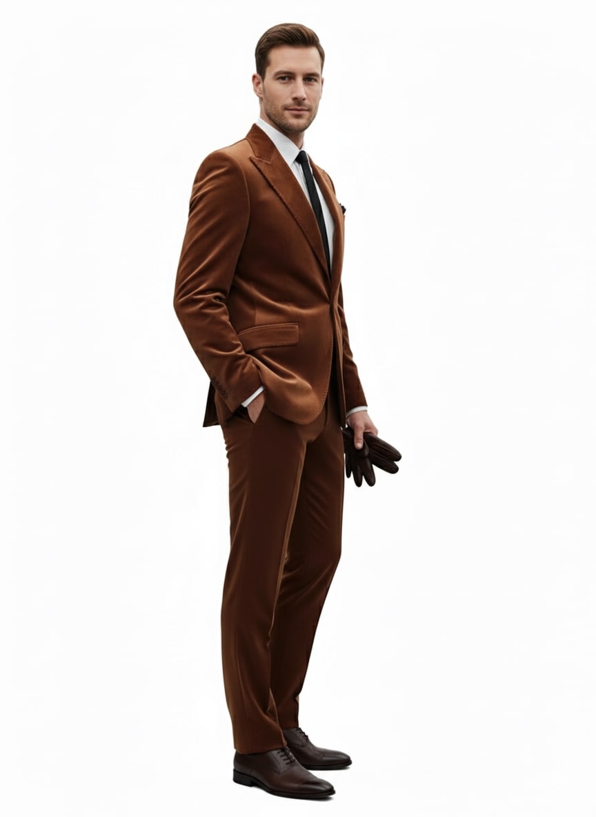 Mens Brown Velvet 2-Piece Suit – Luxury Slim Fit Formal Blazer and Pants Set in Rust Copper Color 5   - from alligatorwarehouse.com