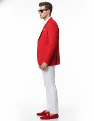Mens Red Blazer and White Pants Set – Stylish Casual Dress Outfit For New Year Holiday and Christmas Suit