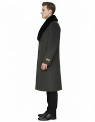 Mens Full Length Olive Overcoat with Black Fur Collar – Luxury Wool Fabric Winter Long Coat in Hunter Green