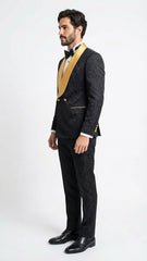 Men’s Black and Gold Jacquard Tuxedo Suit – Luxury Slim Fit Formal Wedding, Prom, and Gala Outfit