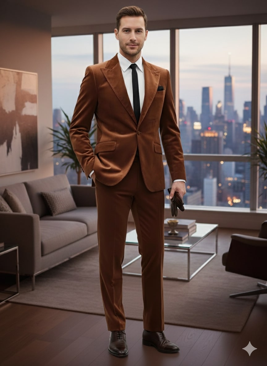 Mens Brown Velvet 2-Piece Suit – Luxury Slim Fit Formal Blazer and Pants Set in Rust Copper Color 7   - from alligatorwarehouse.com