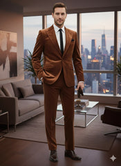 Mens Brown Velvet 2-Piece Suit – Luxury Slim Fit Formal Blazer and Pants Set in Rust Copper Color