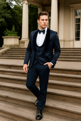 Men’s Navy Blue Jacquard Tuxedo with Black Velvet Shawl Lapel – 3 Piece Formal Suit with Bow Tie