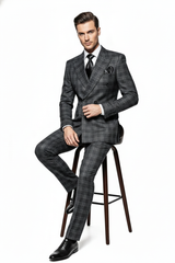 Men’s Charcoal Plaid Double-Breasted Suit – Tailored Pants Windowpane Pattern By Rossiman