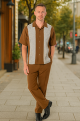 Men’s Cognac Tan Two-Piece Outfit – Short Sleeve Button-Up Shirt and Pants Set