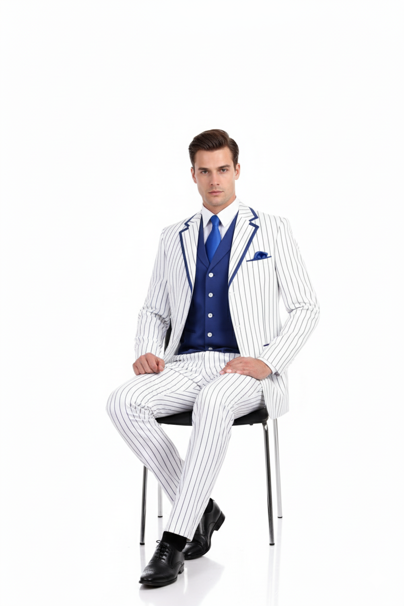 Men’s White and Royal Blue Pinstripe 3-Piece Suit – Classic Fit Blazer with Vest, Pants, and Tie 3   - from alligatorwarehouse.com