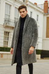 Men’s Luxury Long Grey Faux Fur Coat – Winter Overcoat with Animal Print Design