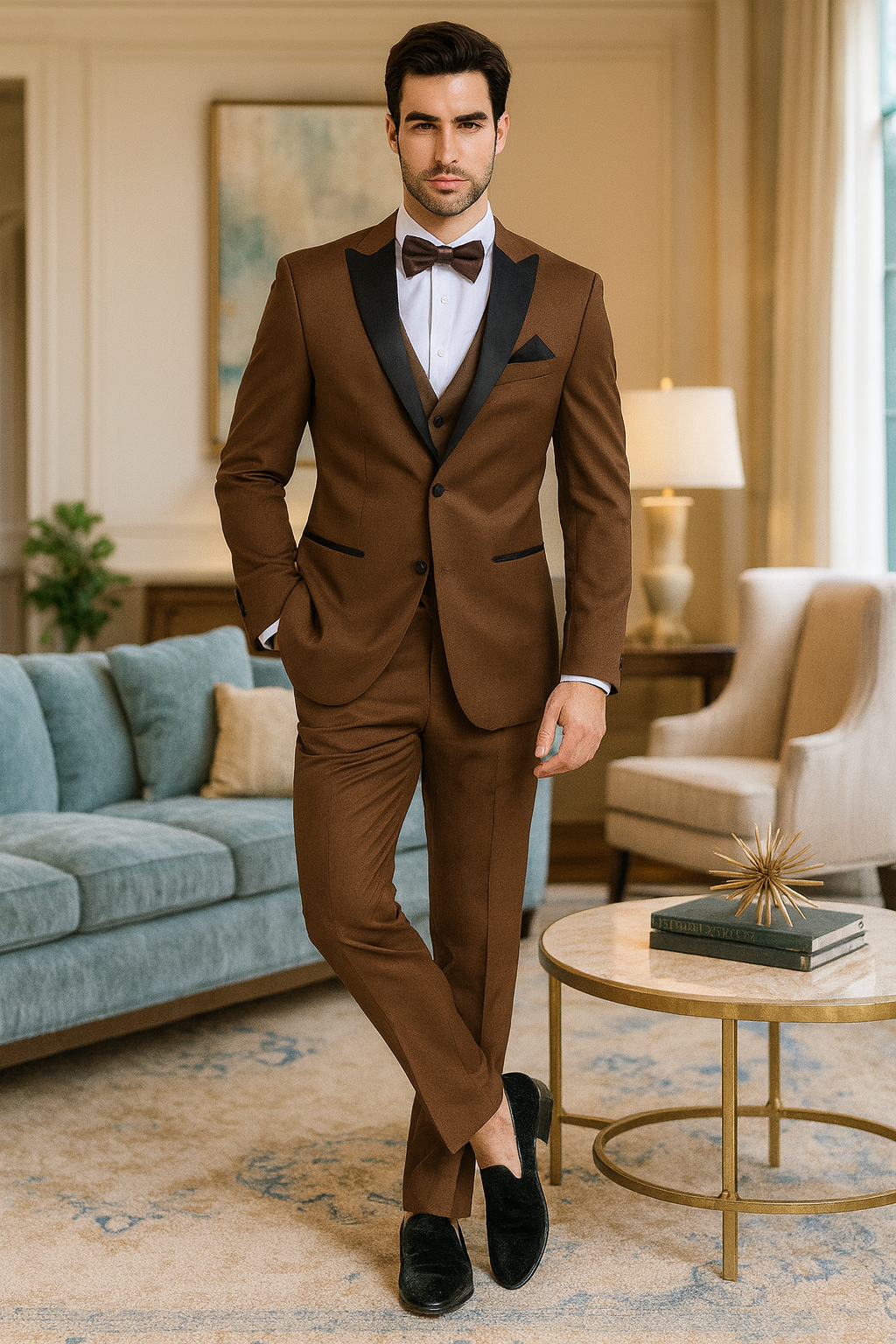 Men’s Light Brown Tuxedo Suit with Black Satin Lapel – 3 Piece Formal Wedding & Prom Outfit - Country Look Men’s Light Brown Tuxedo Suit with Black Satin Lapel – 3 Piece Formal Wedding & Prom Outfit - Country Look