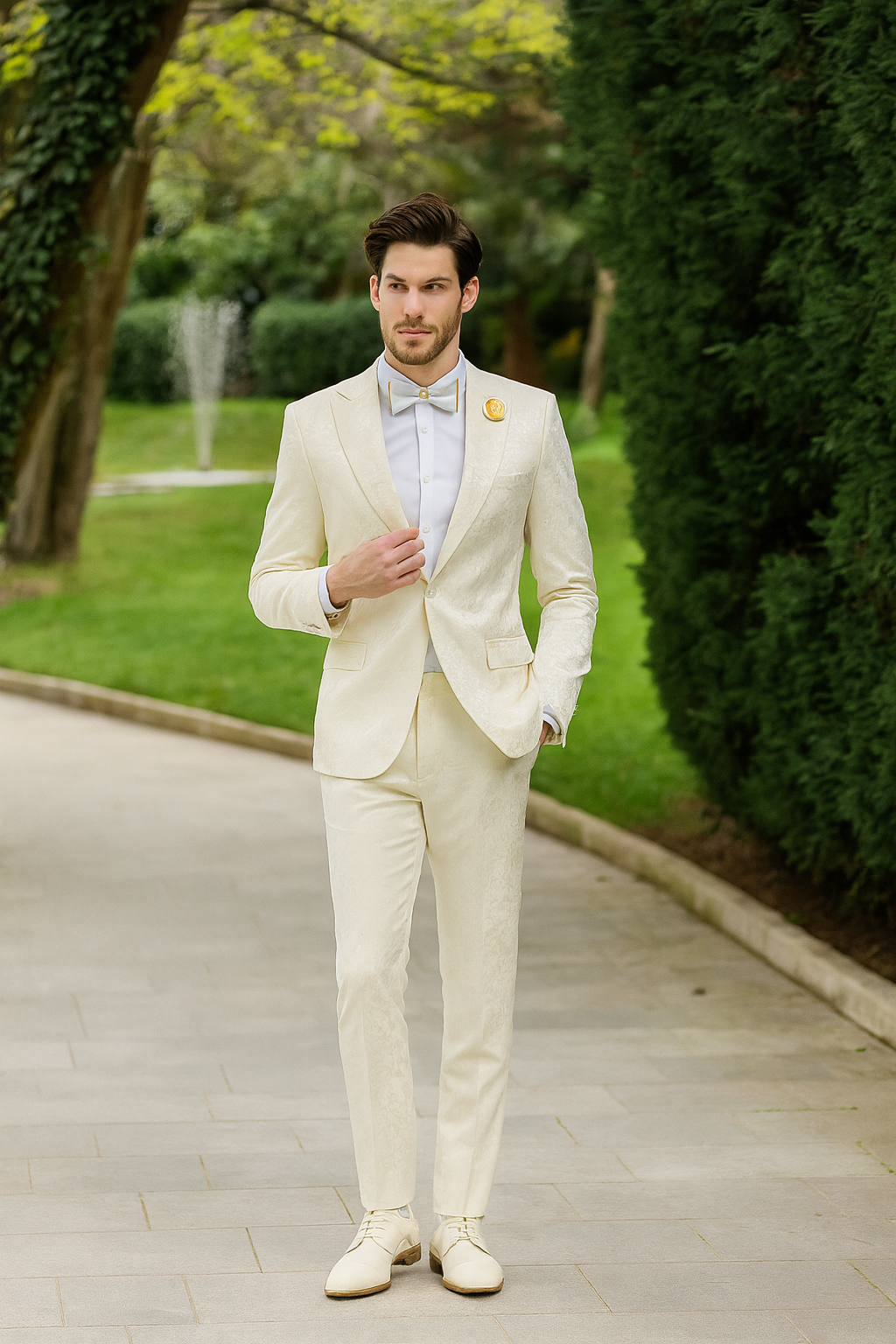 Men’s Champaign Ivory  Jacquard Paisley Tuxedo Suit with Satin Shawl Lapel – Elegant Wedding and Prom Outfit By Rossiman 1   - from alligatorwarehouse.com