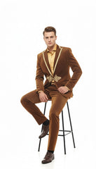 Mens Bronze Shiny Velvet Suit – Designer Party and Wedding Wear Blazer and Pant Set Brown and Gold Tuxedo