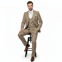 Men’s Beige Pinstripe Three-Piece Suit – Classic Fit Formal Suit with Vest and Flat-Front Pants in Tan Stripe By Rossiman