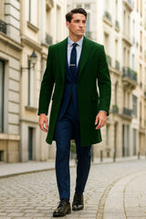 Mens Dark Green Wool Overcoat – Classic Long Coat for Formal and Casual Style