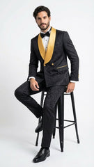 Men’s Black and Gold Jacquard Tuxedo Suit – Luxury Slim Fit Formal Wedding, Prom, and Gala Outfit
