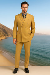 Mens Camel Tan Pinstripe Double-Breasted Suit – Bold 6-Button Modern Vintage Style