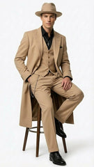 Men’s 1920s Beige Zoot Suit – Long Mafia Gangster Three-Piece Suit in Tan Khaki Color 40 inch Zuit Pachuco Suit