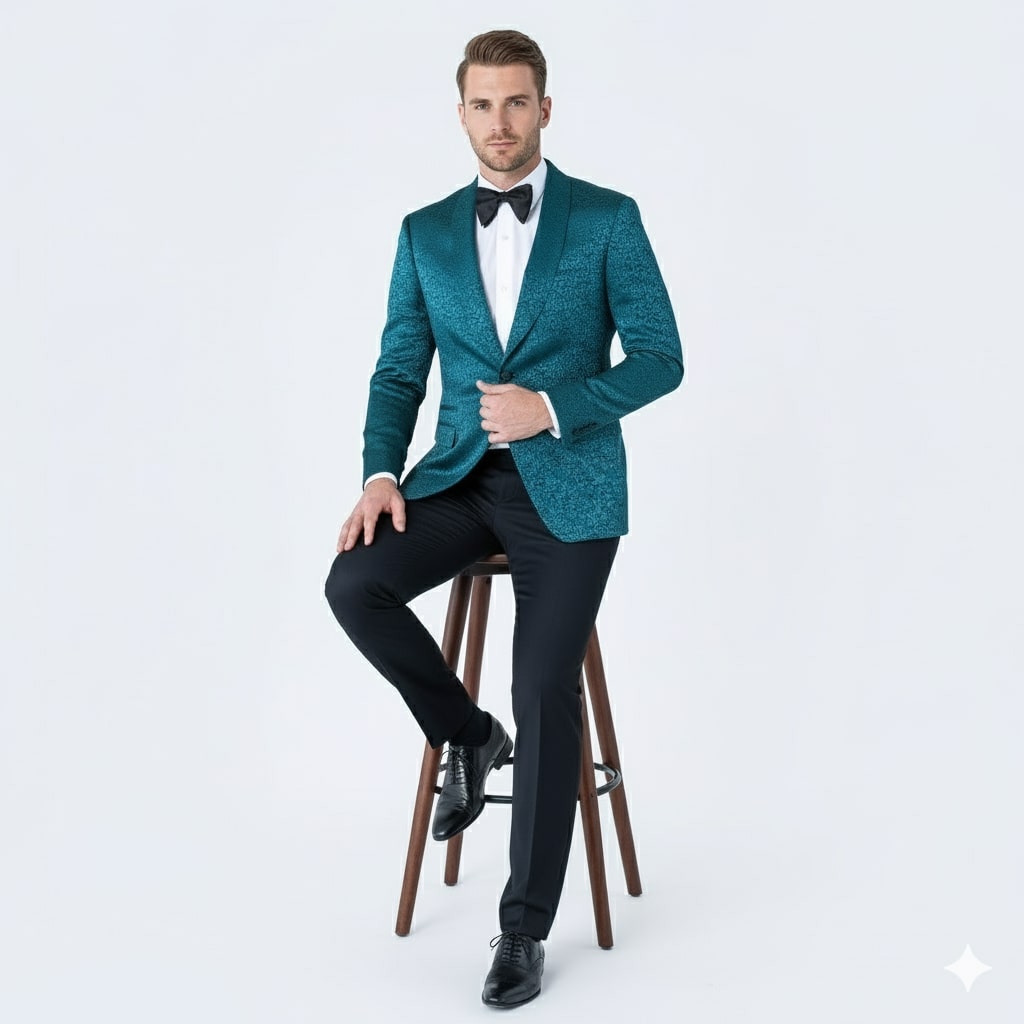 Mens Teal Blue Paisley Tuxedo Jacket – Elegant Shawl Lapel Dinner Blazer for Weddings, Prom and Formal Events - Greenish Blue 4   - from alligatorwarehouse.com