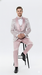 Men’s Light Pink Dusty Rose - Floral Tuxedo Suit – Luxury Satin Shawl Lapel 3-Piece Formal Wedding and Prom Suit in Blush Mauve color