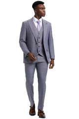 Men's Stacy Adams Vested One Button Wide Peak Lapel Windowpane Plaid Suit in Light Grey