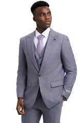 Men's Stacy Adams Vested One Button Wide Peak Lapel Windowpane Plaid Suit in Light Grey
