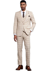 Men's Stacy Adams One Button Peak Lapel Vested Windowpane Plaid Suit in Tan