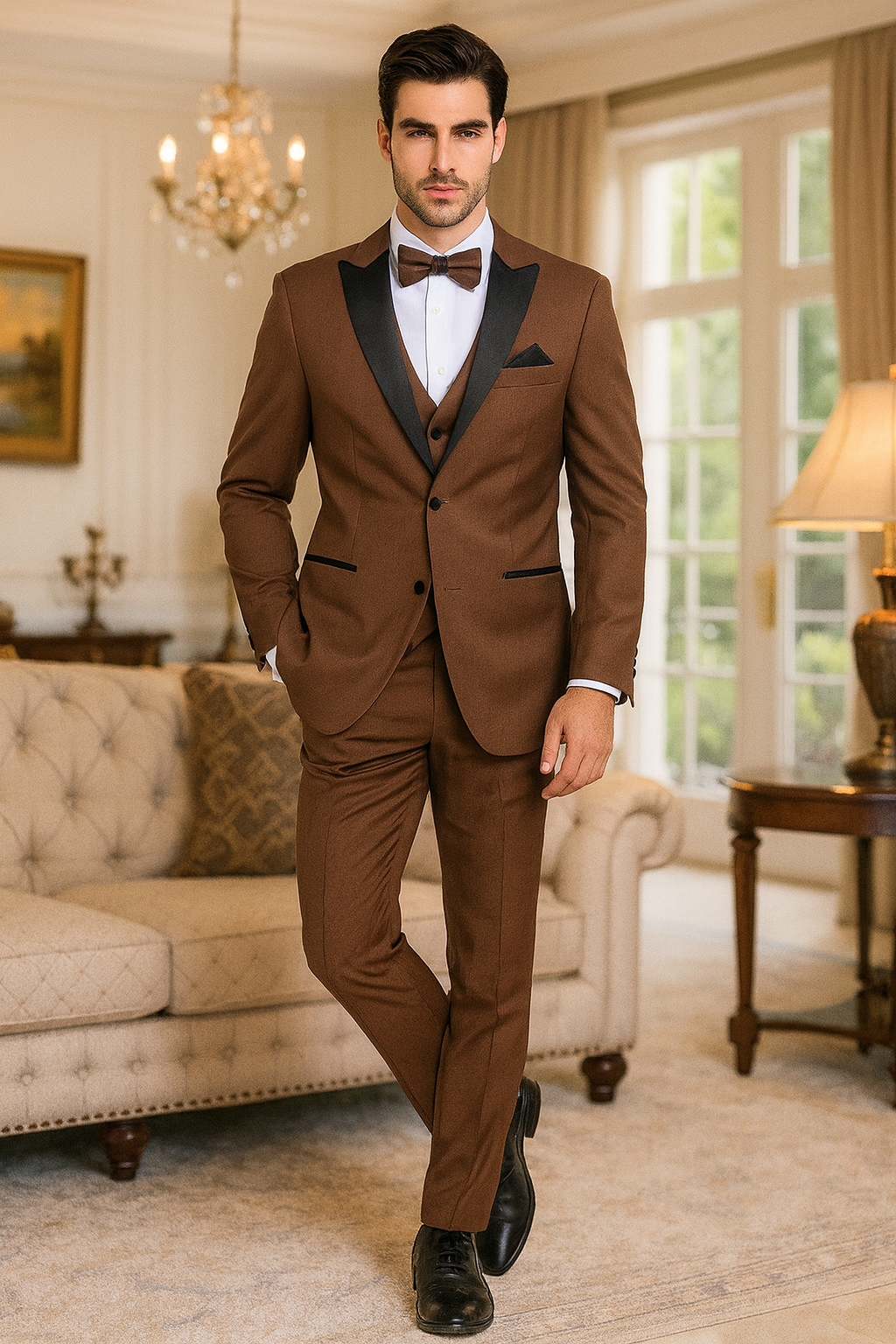 Men’s Light Brown Tuxedo Suit with Black Satin Lapel – 3 Piece Formal Wedding & Prom Outfit - Country Look Men’s Light Brown Tuxedo Suit with Black Satin Lapel – 3 Piece Formal Wedding & Prom Outfit - Country Look