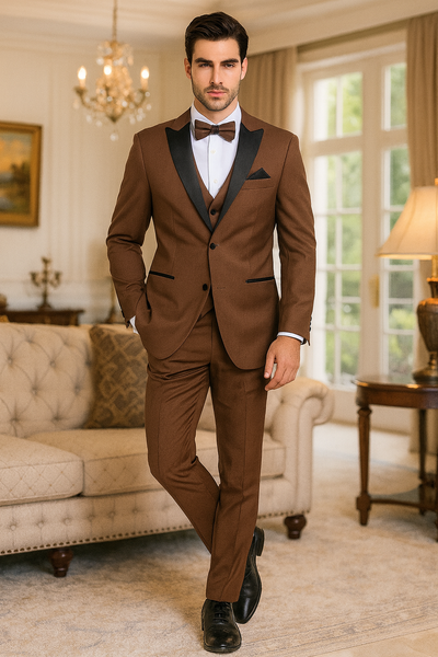 Men’s Light Brown Tuxedo Suit with Black Satin Lapel – 3 Piece Formal Wedding & Prom Outfit - Country Look 1   - from alligatorwarehouse.com