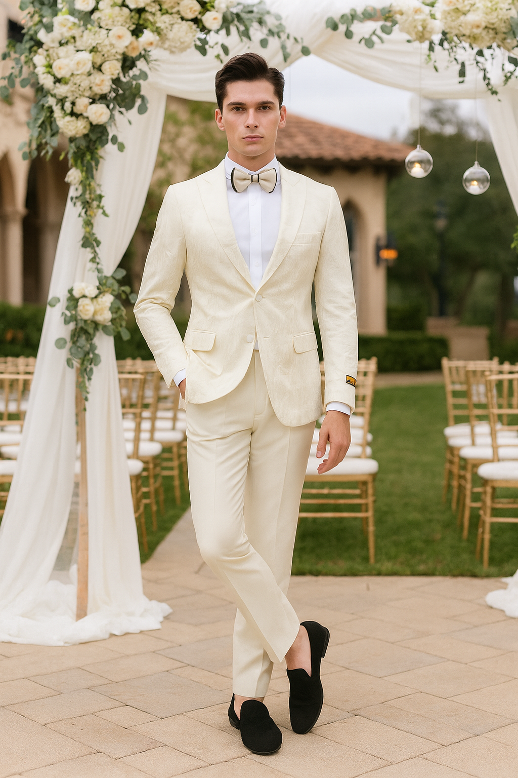 Men’s Ivory Floral Embroidered Tuxedo Jacket – Elegant Wedding and Party Blazer in Cream Color With Ivory Pants 1   - from alligatorwarehouse.com