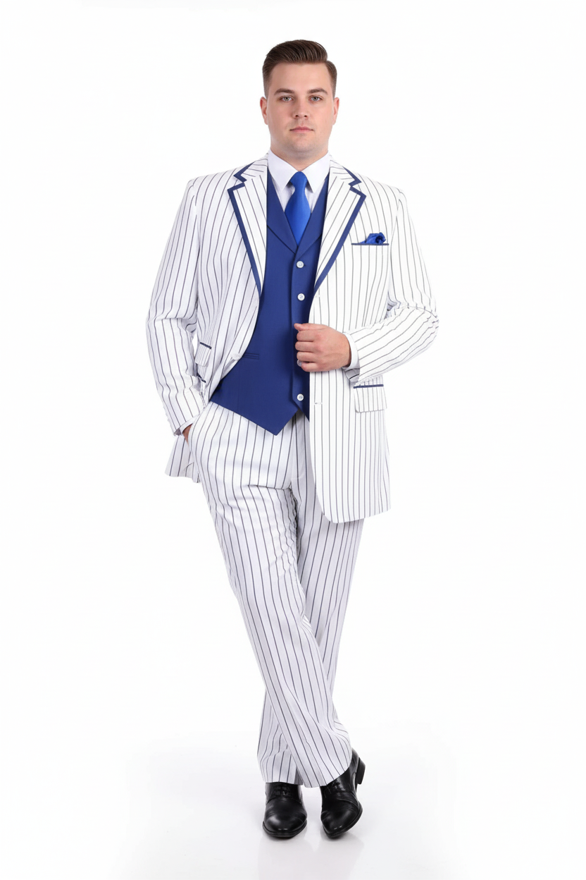 Men’s White and Royal Blue Pinstripe 3-Piece Suit – Classic Fit Blazer with Vest, Pants, and Tie 6   - from alligatorwarehouse.com