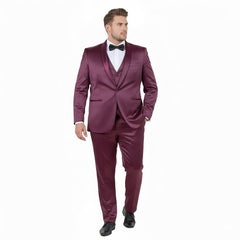 Mens Sateen Shiny Burgundy Slim Fit Tuxedo – Satin Shawl Lapel 3-Piece Suit