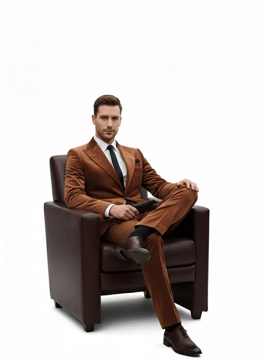 Mens Brown Velvet 2-Piece Suit – Luxury Slim Fit Formal Blazer and Pants Set in Rust Copper Color 2   - from alligatorwarehouse.com